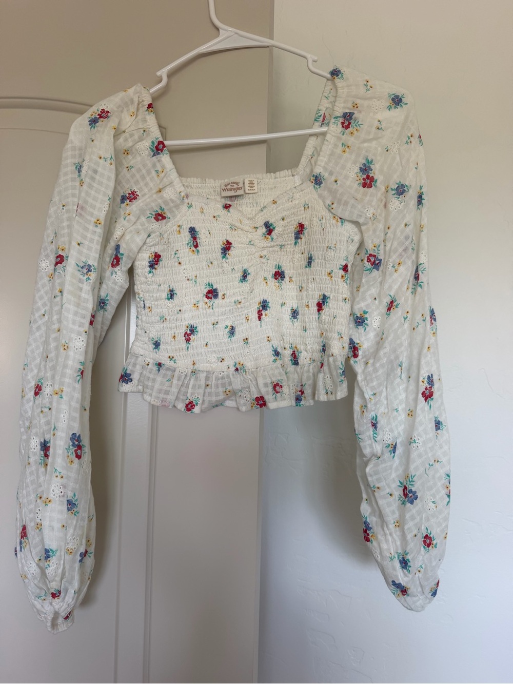 Billabong White Floral Smocked Crop Top with Long Sleeves